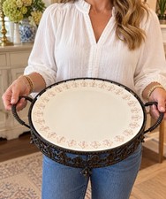 French Country Fleur de Lis Ceramic Serving Platter with Black Metal Holder 12”