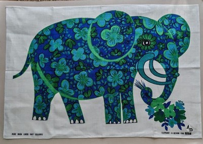 Vintage unused Oxfam Irish linen tea towel Belinda Lyon Blue Elephant