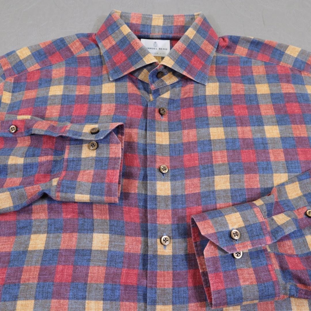 Emanuel Berg Shirt Mens Large Multicolor Plaid Check Modern Fit Cotton Button