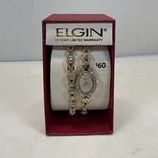 Elgin Women EG8013STB Dress Gold Tone MOP Crystal Bling Oval Quartz Watch 7 3/4"