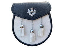 Men's Scottish Leather Sporran White Fur Tassel Kilt Bag Highland Thistle Badge
