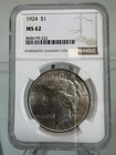 1924 $1 Peace Silver One Dollar US NGC MS62 Philadelphia