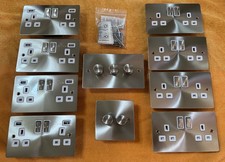 Stainless Brushed Steel UK Double Sockets, USB & Light Switch Bundle - FLAT FIT