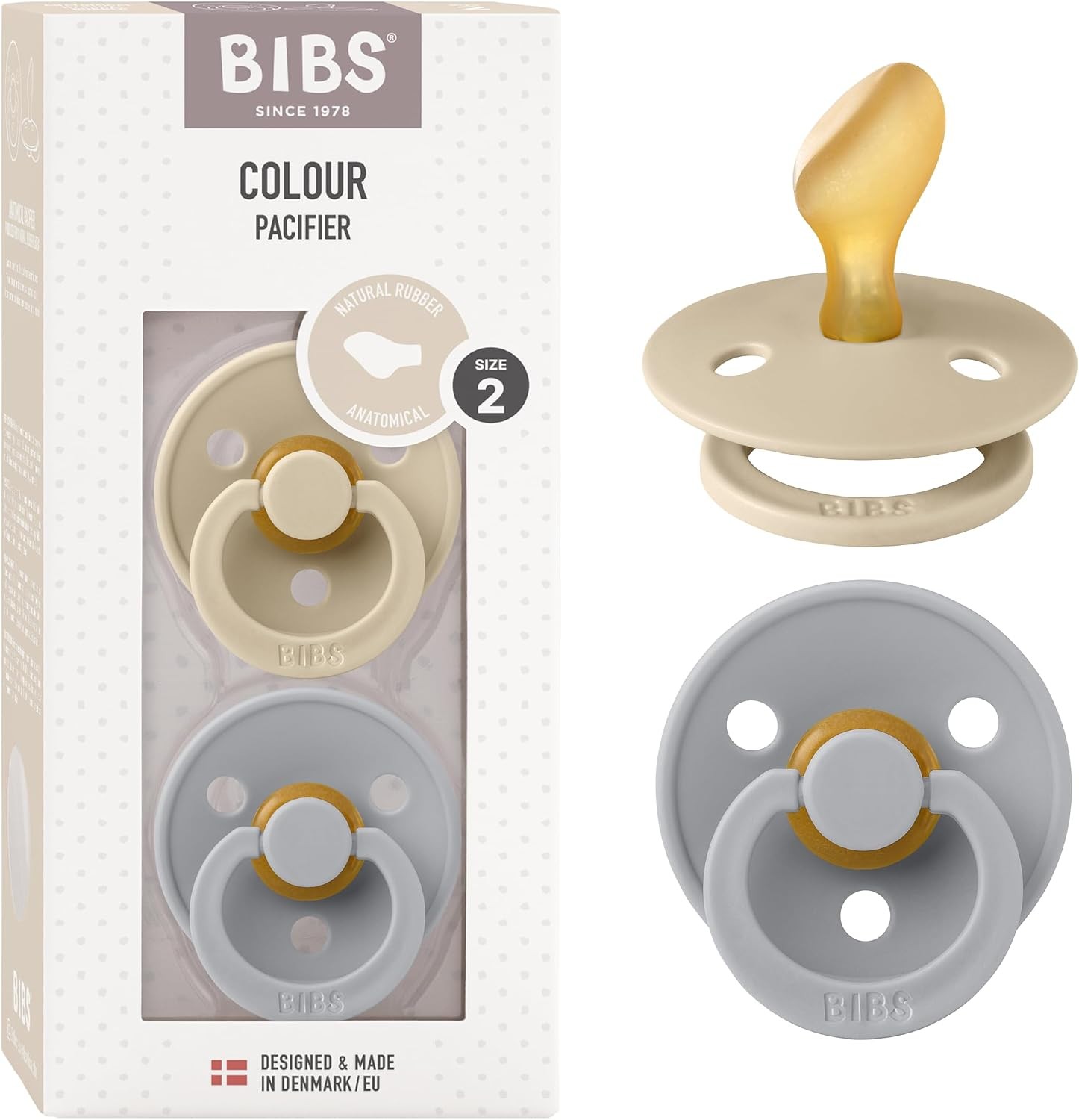 BIBS Colour Dummy 6-18 Months 2-Pack Vanilla/Cloud, Anatomical Natural Rubber