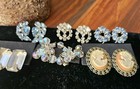 Vtg Lot Of 6  Clip On Earrings Rhinestones Lt Blue Clear Faux Cameo Silver Tone  — photo 3