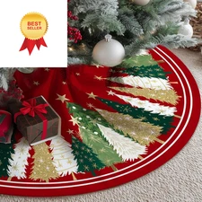 CROWNED BEAUTY Christmas Tree Skirt Collar 48 Inch Xmas 48", Red & Green 