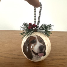 Beagle Christmas Tree Ball Ornament Pine Needles Berries Bow Style Hang Ribbon