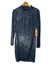 NWT Eliza J Women's Dress Size 12 Navy Blue Sequin Long Sleeve Shift Formal