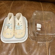 Vintage Felt And Cloth White, Flower Embroidered Infant Shoes, new In Box