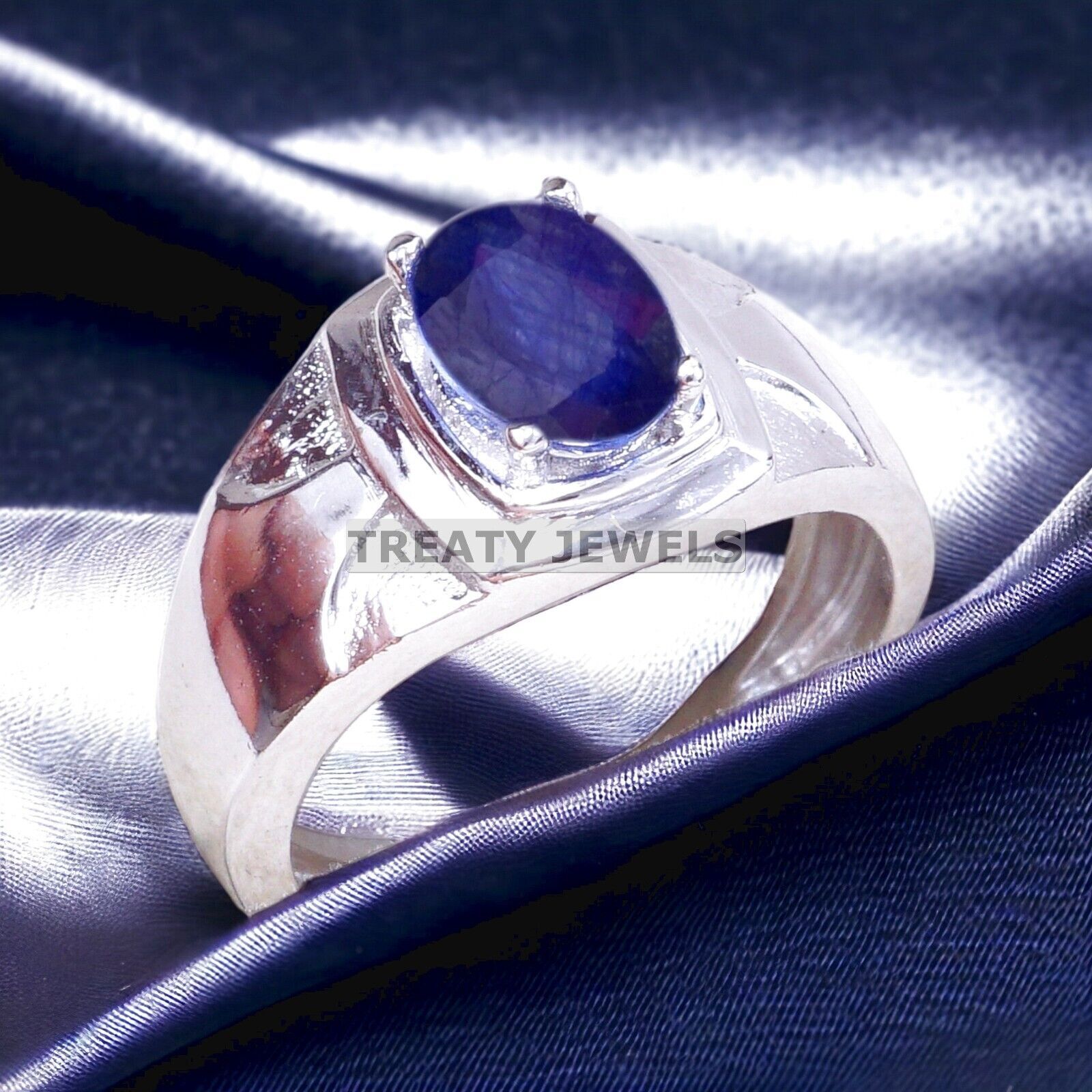 Blue Sapphire Oval Cut Gemstone With 925 Sterling Silver Ring For Men's #A217