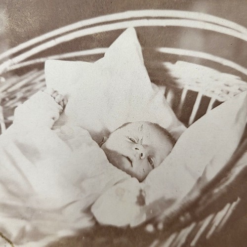 c1800s Cabinet Photo Sweet Baby Sleeping in Wicker Cradle Carriage Basket Rocker - Picture 1 of 8