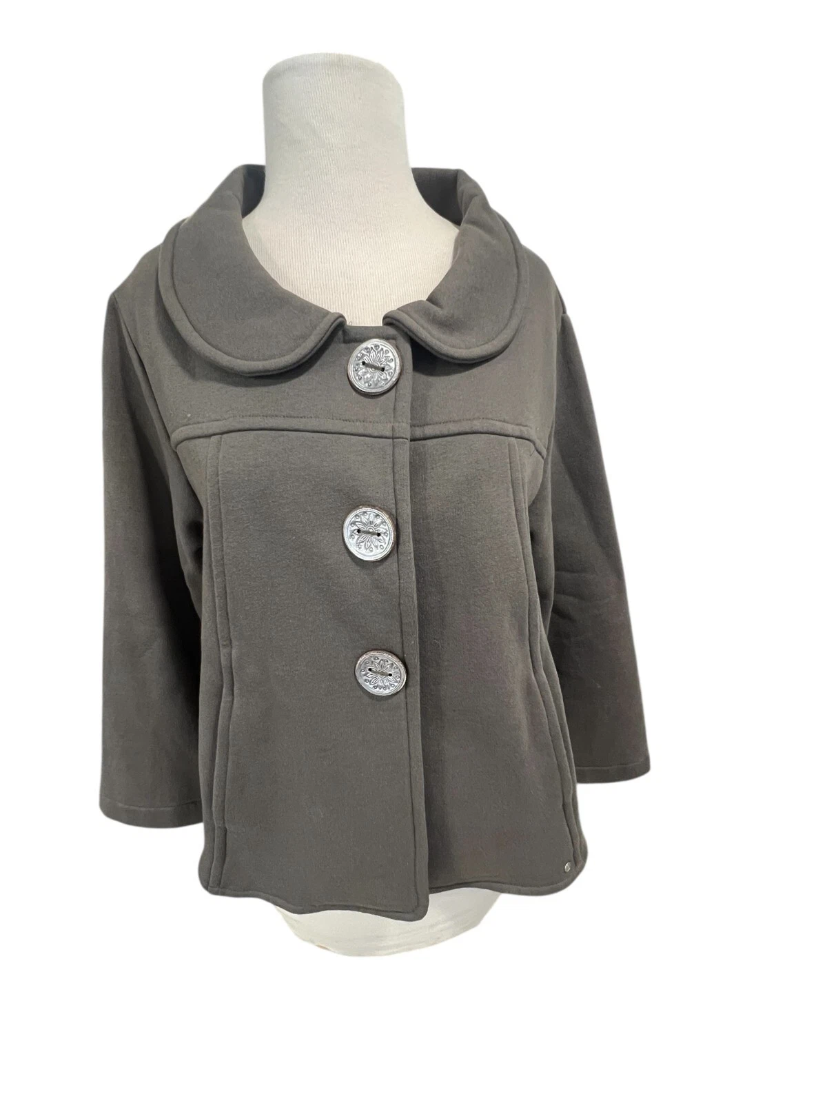 Neon Buddha Womens Lagenlook Sweatshirt Jacket Small Gray Button Front Soft Knit