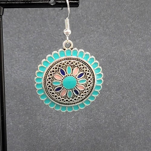 Pierced Earrings Silver tone Enamel Medallion Round Dangle Multicolor 1" - Picture 4 of 12