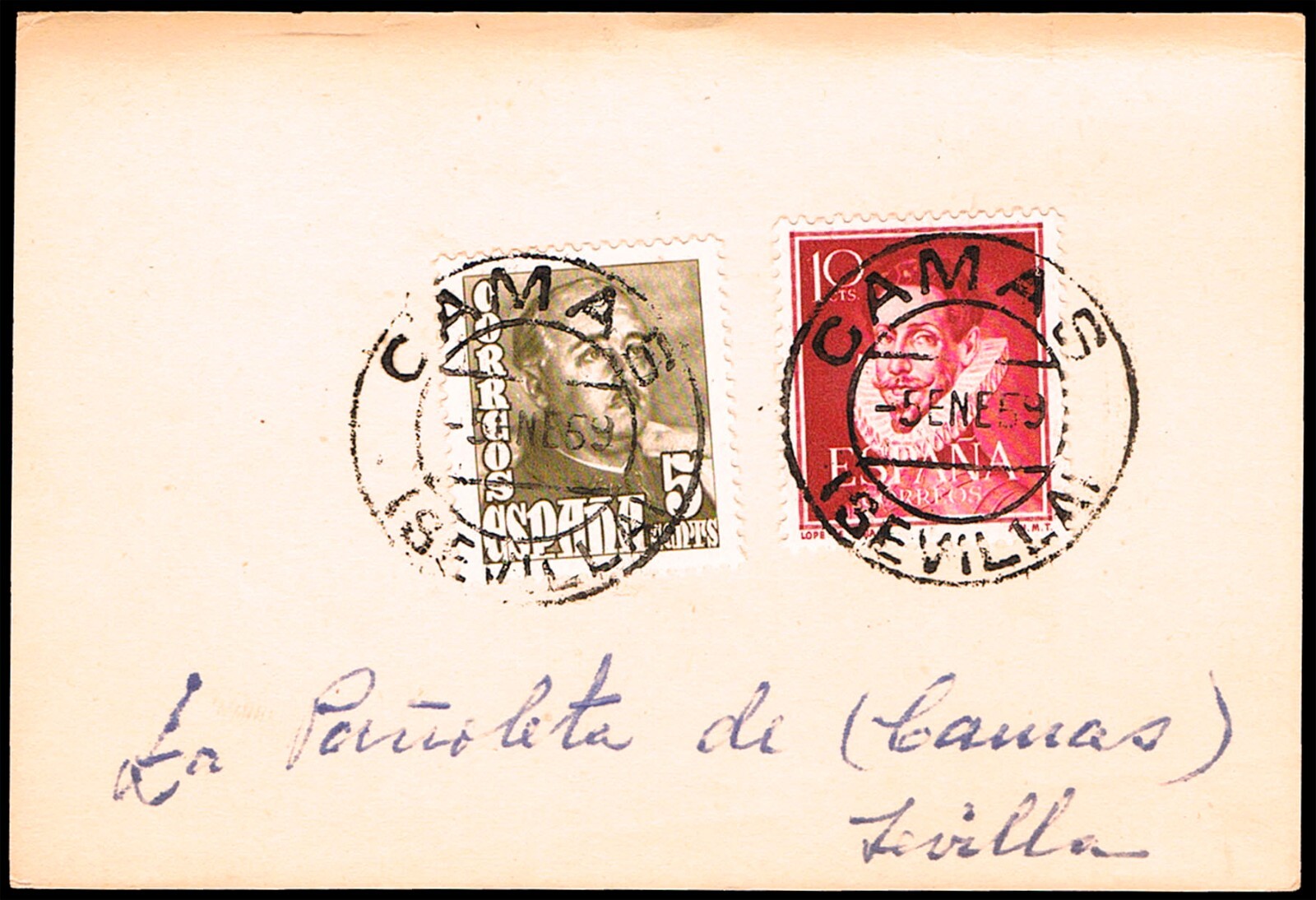 Sevilla - Edi TP o 1072 - Postal Mat "Camas 5/1/59" + manuscrito "La Pañoleta...