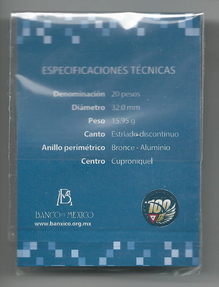 MÉXICO 20 PESOS Blister Original 1915 - 2015 100 Fuerza Aérea Bimetálico UNC Foto 2 de 2