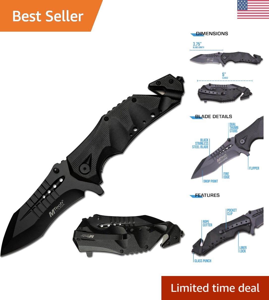 Compact Black Stainless Steel Folding Knife - Perfect for Outdoor Adventures