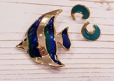 Vintage Lot Gold Blue Green Enamel Fish Pin Brooch & Earrings Costume Jewelry