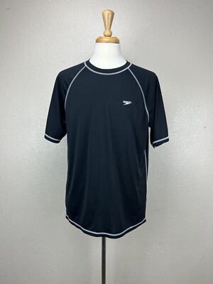 Speedo Easy Swim Shirt Mens Sz L Black Short Sleeve UPF 50+ Loose Fit