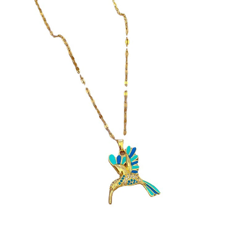 Damen Modeschmuck Gold Zirkon Blau Kolibri Anhänger Halskette 449 - Bild 6 von 6