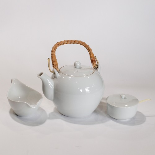 Vintage OMC Japan White Ceramic Tea Pot with Bamboo Handle Cream And