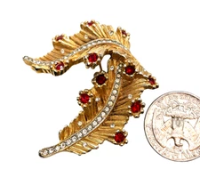 Incredibly Beautiful Vintage Designer Furled Feather Brooch Rhinestones