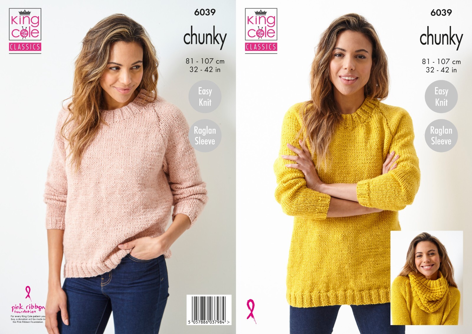 KING COLE KNITTING LEAFLET 6039. CHUNKY YARN SWEATERS & COWL.  32/42ins .