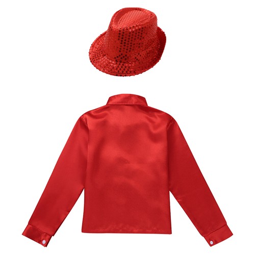 Kids Boys Girls Shiny Sequins Shirt Jazz Latin Street Dance Top Disco Jacket+Hat - Picture 27 of 54