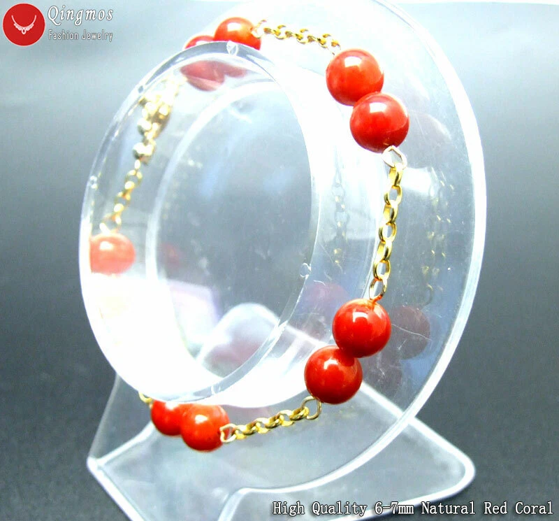 Genuine Solid 18K Gold Chain Bracelet for Women & Round Red Coral Bracelet 7.5" - Image 4 of 4