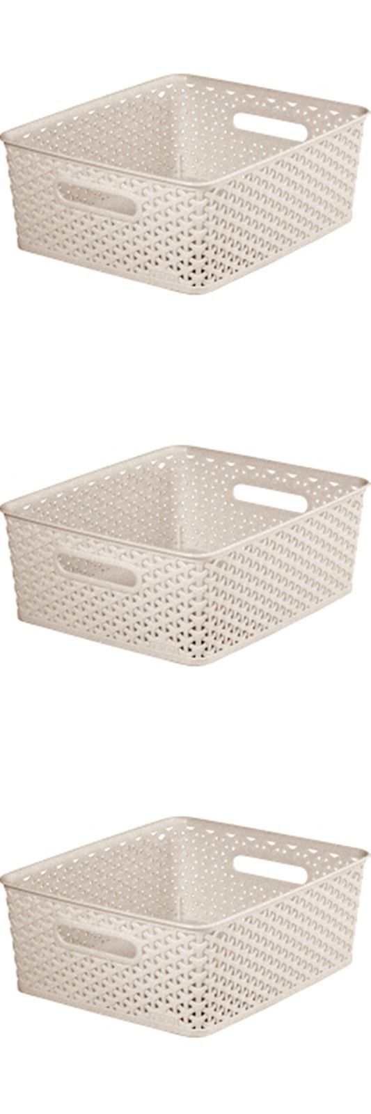 3x Curver Nestable Rattan Basket Small Storage Plastic Wicker Tray 8L - Cream