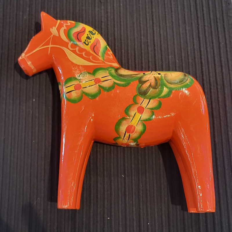Vintage 9" Orange Dalahemslojd Horse Sweden Remnant of Nils Olson Label Dala