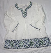 90s Boho V-Neck  Tunic Blouse Alfred Dunner Size 14 Scroll Embroidery Coastal