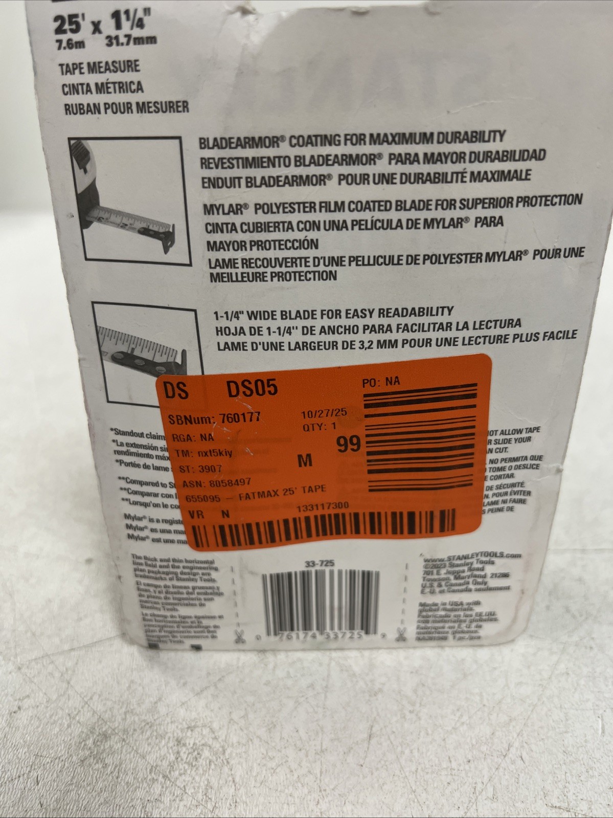 STANLEY FATMAX Tape Measure 25-Foot (33-725) Black, Yellow 7.6 m