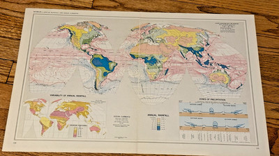 Vintage 1958 World Climate Map   Annual Rainfall & Ocean Currents (2 Pages)