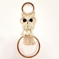 Vintage 70s Handmade Macrame Owl Bamboo Wall Hanging Towel Holder Boho Hippie