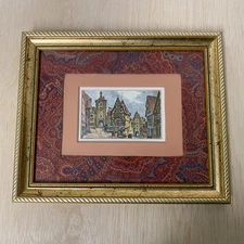Vintage Rothenburg Clock Tower Scene Painting Framed & Matted
