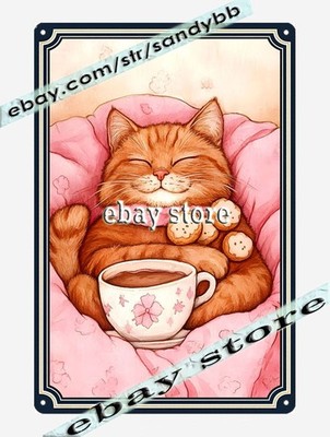 Cozy Cat Cup Metal Tin Sign Warm Winter Aesthetic