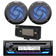 Marine Bluetooth CD Radio, 2x 4" 100W Blue Flash LED Boat Speaker, Cover Black 