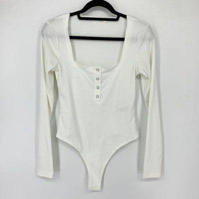4th + Reckless Bodysuit Women's Size M Maddie Button-Up Rib Long Sleeve White