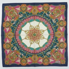 HK214- Felix Buhler Handkerchief 18.5"x19" Pink Gold Carousel Horse Cotton Scarf