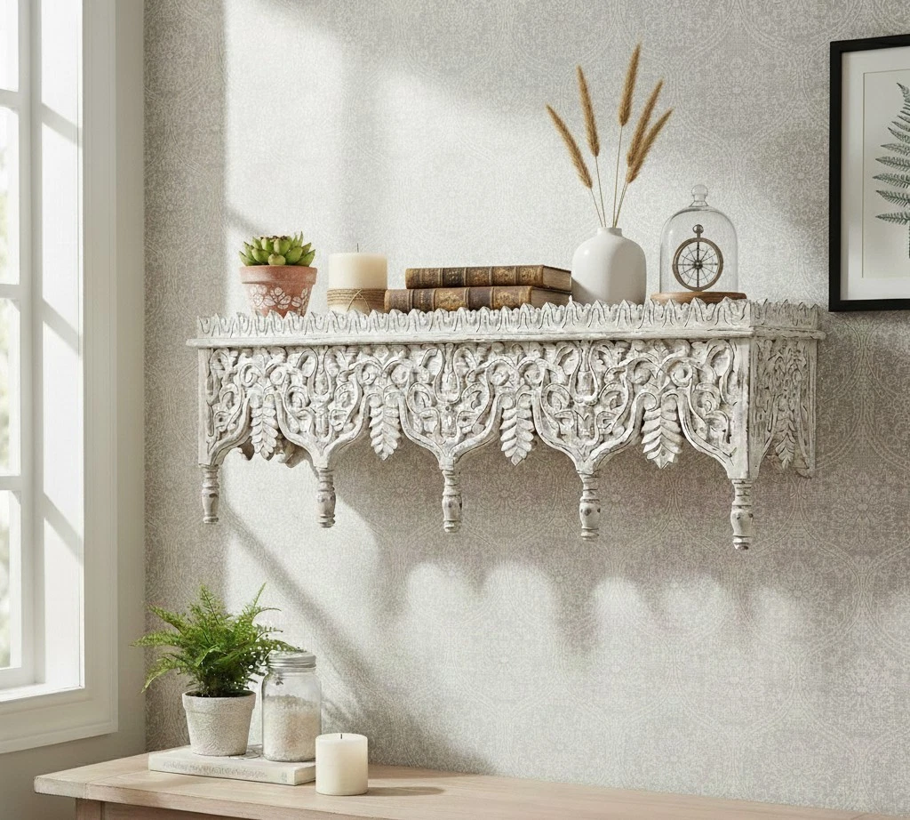 Hand Carved Wooden Wall Shelf | White Finish Carved Wall Shelf | Decorative...