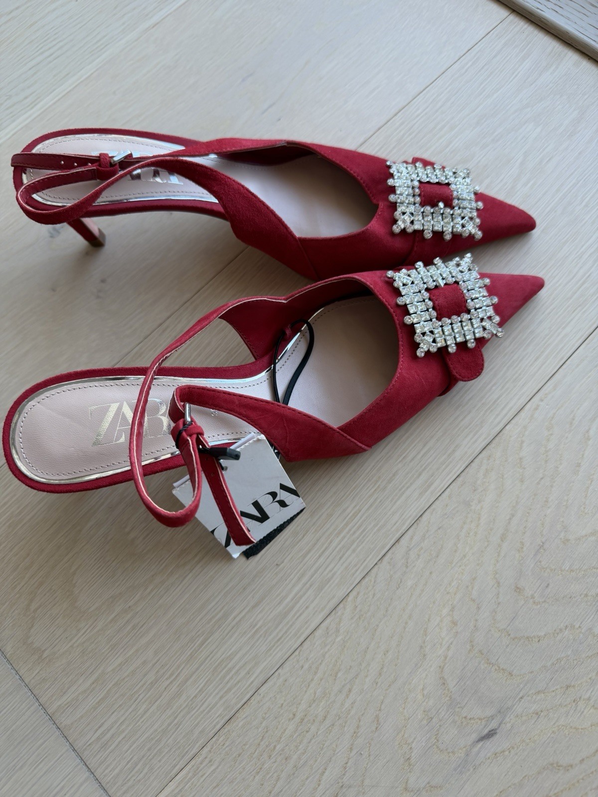 ZARA Women’s Red Leather Pointed Toe Slingback Ankle Strap Rhinestone 8
