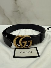 Gucci Marmont Wide Black Leather Belt Golden GG Size 90-36