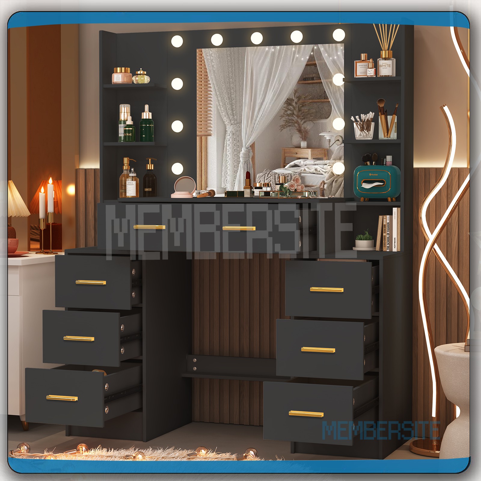 VASAGLE Dressing Table with Large Rectangular Mirror, Vanity Table with 2 Drawers and 3 Open Compartments, Vanity Table, Modern Style, White RDT113W01 31 Black Dressing Table With LED Mirror 7 Drawers 8 Shelf Large Vanity Makeup Desk