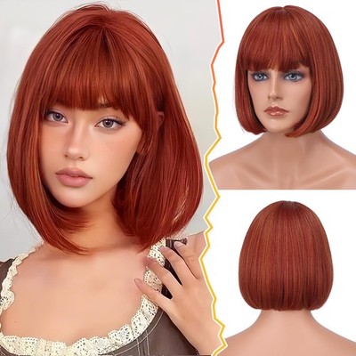 Short Copper Bob Wig with Bangs - Short Auburn Bob Wig with Bangs for Women -...