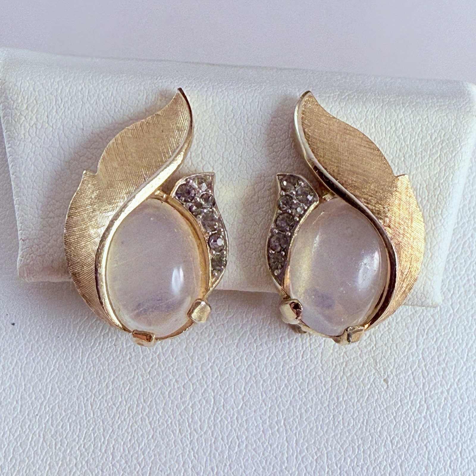 Vintage TRIFARI Alfred Philippe Moonstone Clip Earrings Gold Tone Signed