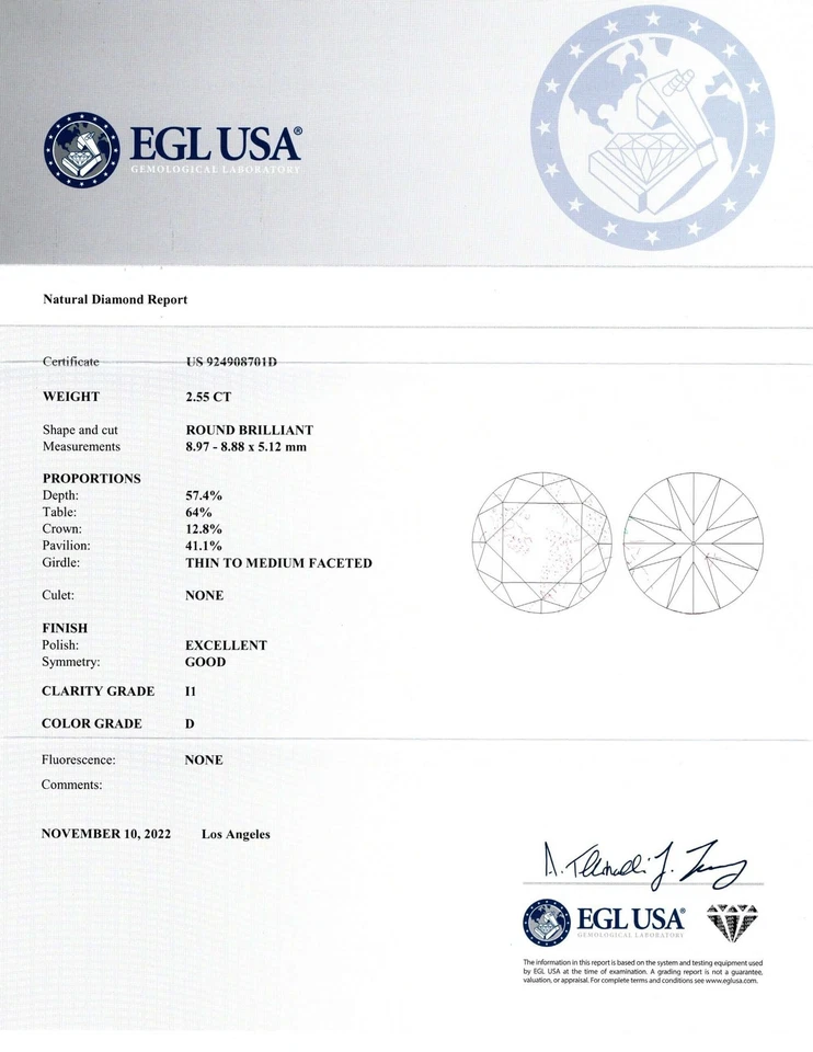 2.55ct CERTIFIED D COLOR DIAMOND 9mm 3 CARAT SPREAD ROUND BRILLIANT CUT NATURAL - Image 2 of 3