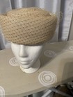 Vintage 1950s Ivory Cream Straw Pillbox Hat Netted Veil Midcentury Fascinator