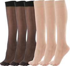 6 Pairs Knee High Stockings for Women, 20 Denier Nylon Sheer Socks with Reinforc