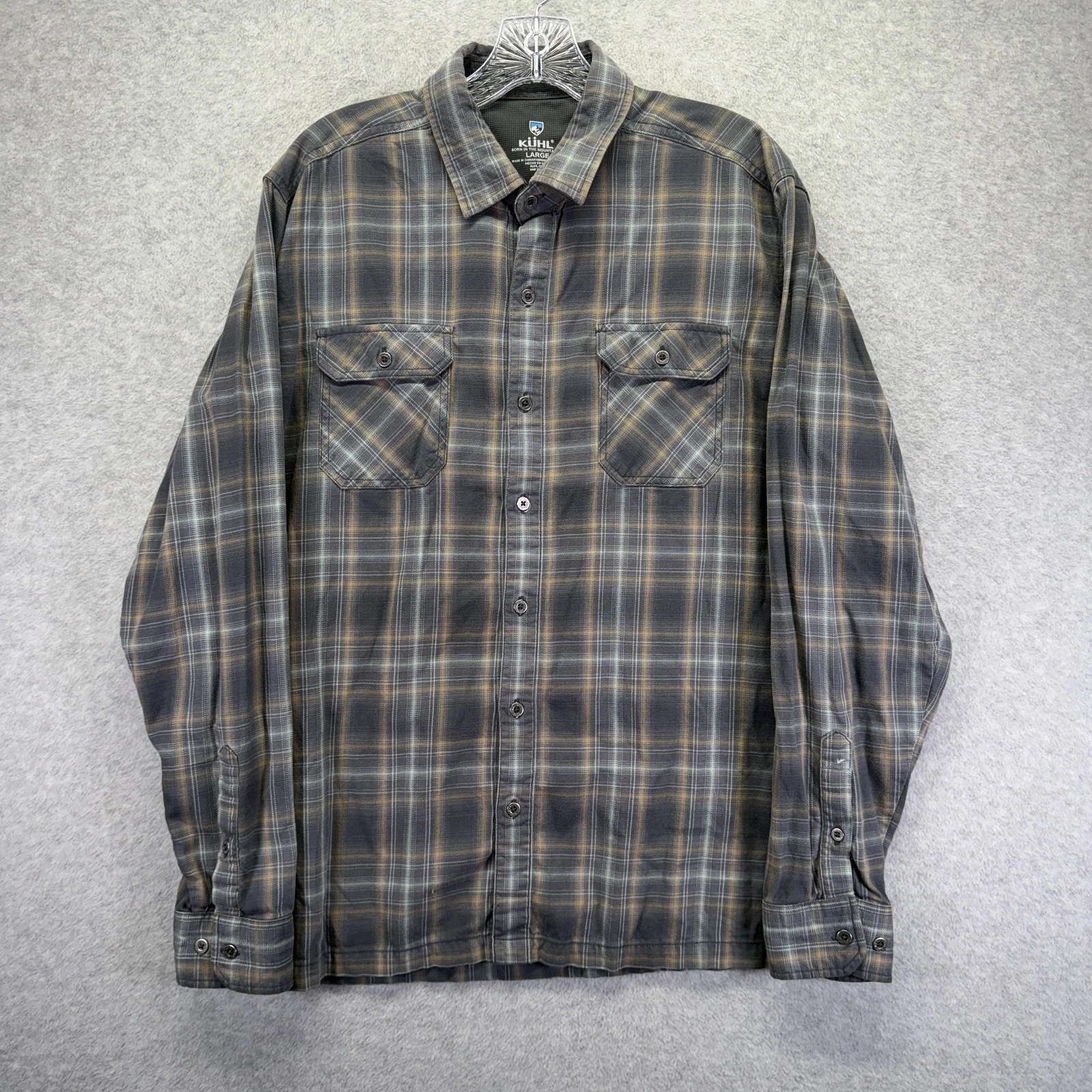 Kuhl Shirt Mens Large Gray Plaid Dillingr Flannel Button Up Long Sleeve Outdoors