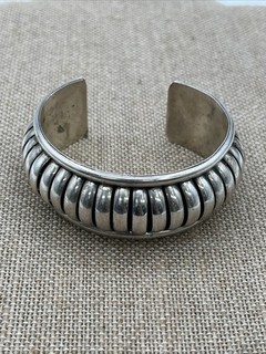 Navajo M Thomas Jr Sterling Silver Ribbed Melon Cuff Bracelet Native American